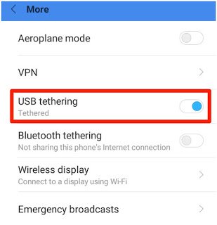 Red box point on USB tethering option in phone setting