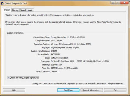 DirectX components and driver installed details of system