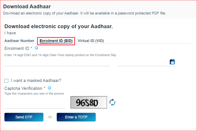 aadhaar card download using enrolment id