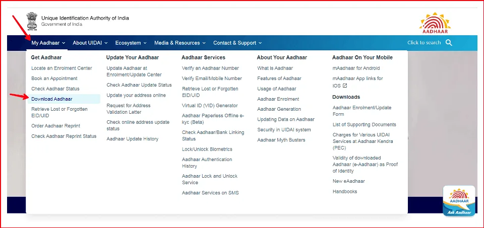 Uidai official website home one arrow point on My Aadhaar another point on download aadhaar