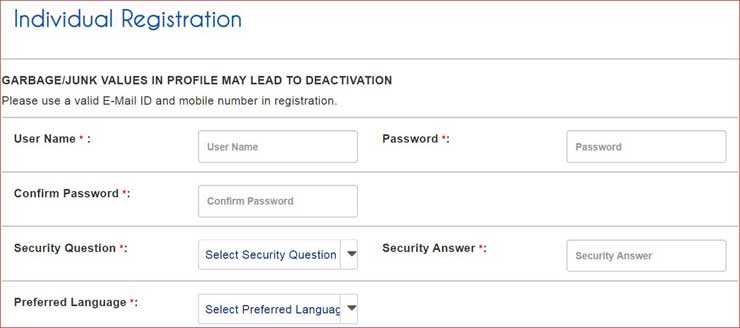 IRCTC Individual Registration Create Username and Password.