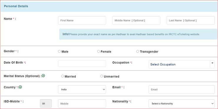 Fill Personal Details For IRCTC Registration.