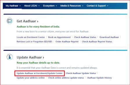 site Uidai.gov.in home page red arrow point on update aadhar section.