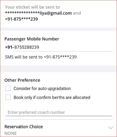 Confirm Passenger Email & Mobile Number for receiving E-ticket.