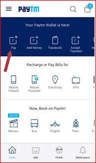 Paytm App homepage red arrow point on Pay