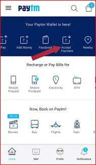 Paytm App Homepage red arrow point on Accept Payment option.