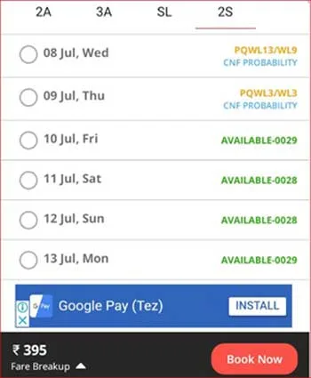 Seat availability on your selected train class.
