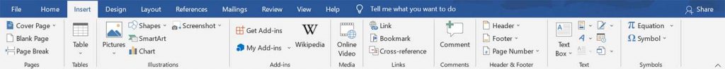 MS Word 2019 Insert Tab Screenshot