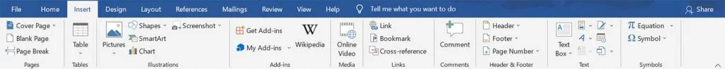 MS Word 2019 Insert Tab Screenshot