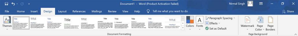 MS Word Design Tab Screenshot