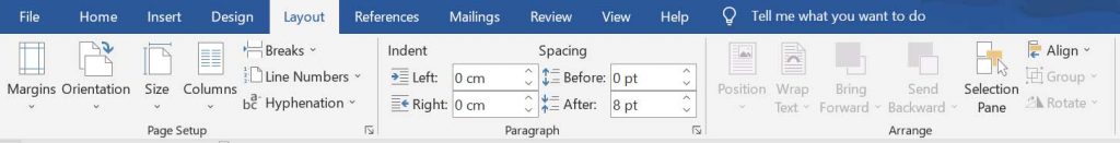 Page Layout Tab in MS Word Screenshot