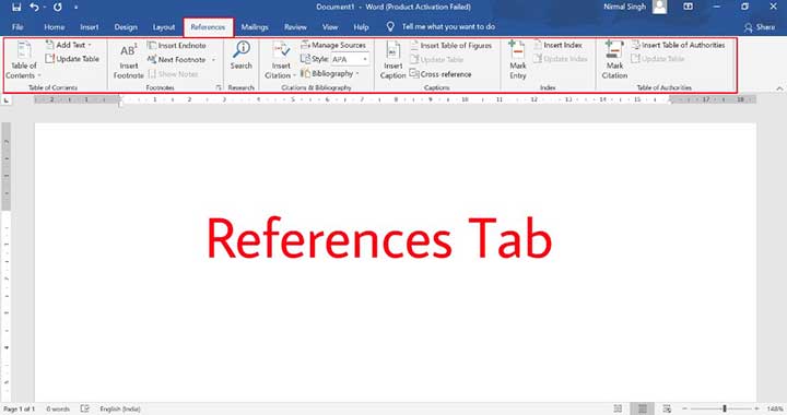 References Tab in MS Word