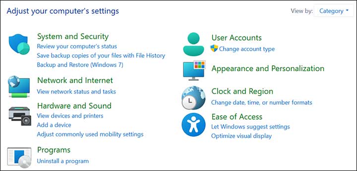 Control Panel Category View