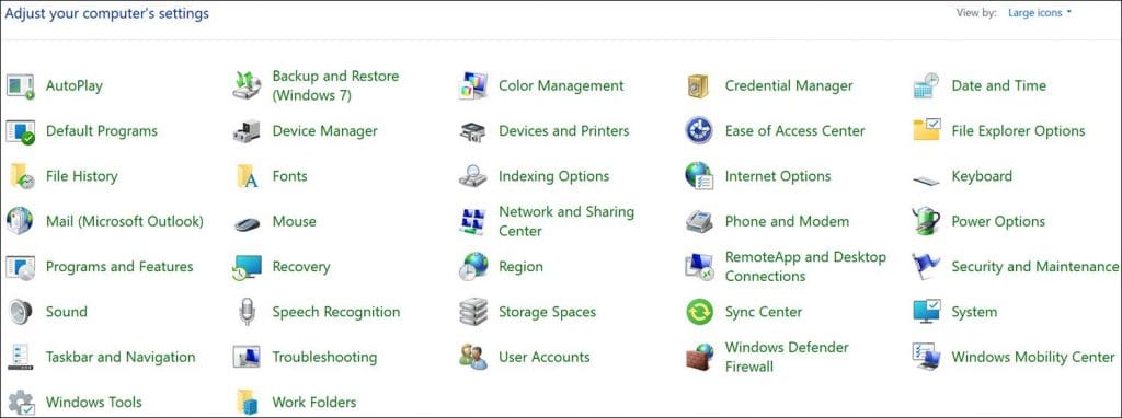 Control Panel Large Icons View