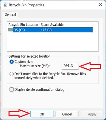 Change Recycle Bin Storage Size