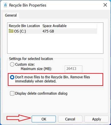 Select the option don't move files to the recycle bin