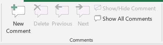 Comments Group in Excel Review Tab