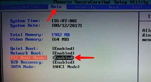 Enabling F12 Boot Menu