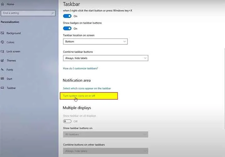 turn on off system icons on taskbar