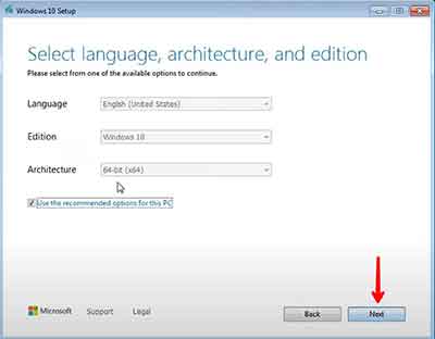 Windows10 Setup Select Language Architecture and Edition